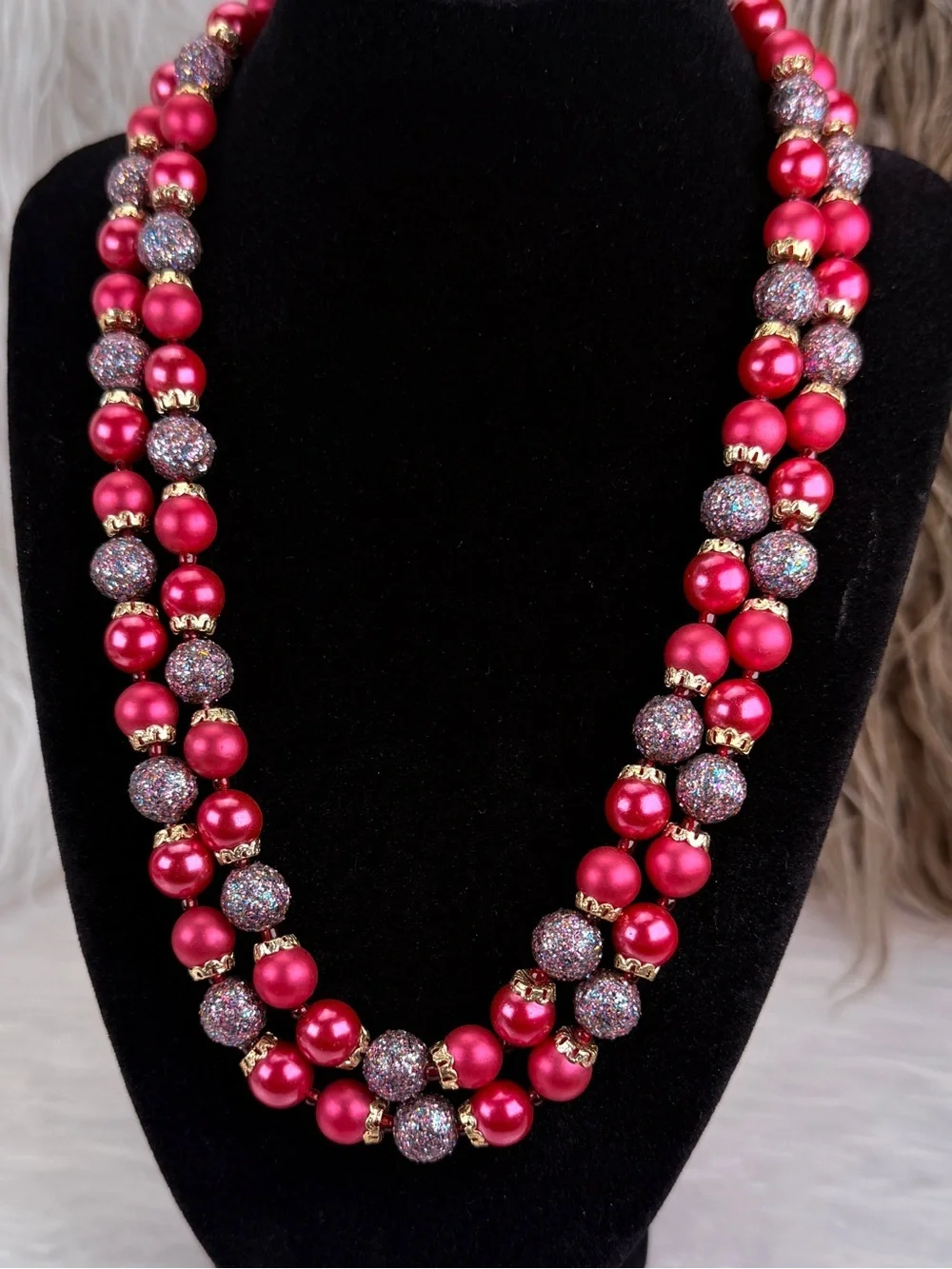 Vintage Japan Double Strand Pink Bead Statement Necklace Gold Tone